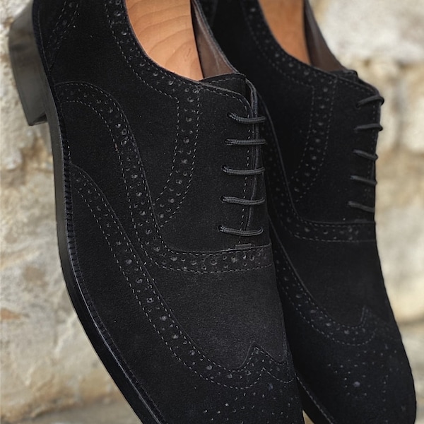 Handmade Leather Black Suede Wingtips Brogue Shoes for Men's Dress Shoes, Comfortable Shoes