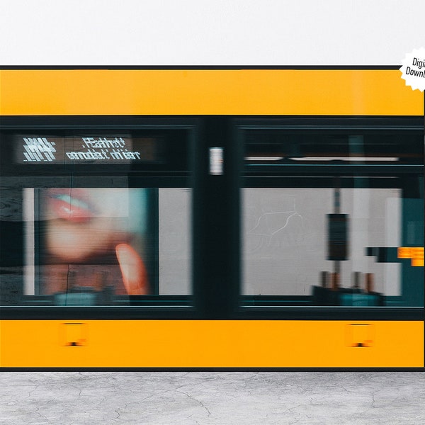 Berlin Digital File Print Yellow Bus In Motion Blurry Sign Crop with Woman Reflection, Lips and Face Ad Wall Art Street Photography Germany