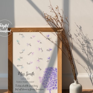 Puede incluir: Un póster de aula imprimible con un diseño de diente de león y el texto "Miss Smith, Clase de 2025, Primrose Primary Academy, Los maestros plantan las semillas hoy que florecerán como flores mañana."