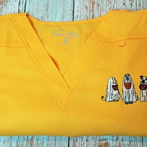 Spooky Halloween Embroidered Women&#39;s Scrub Top, Embroidered Vet Top, Embroidered Scrubs