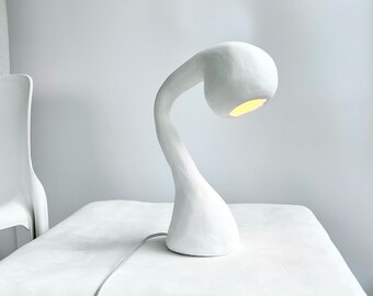 BIOMORPHIC Table Lamp, Large Accent Lighting, Textured Gooseneck Plaster and Paper Light, Handmade Globe Fixture, White Organic Modernism