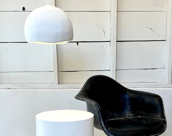 Handcrafted Biomorphic Pendant Light | 12-22" Large Wide-Mouth Fixture | White Limestone | Made-To-Order by Studio Chora