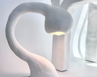 BIOMORPHIC Table Lamp, Large Accent Lighting, Textured Gooseneck Plaster and Paper Light, Handmade Globe Fixture, White Organic Modernism