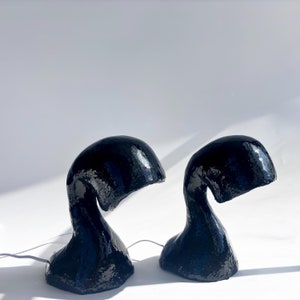 May include: Two black, sculptural table lamps with a glossy finish. Each lamp has a curved, organic shape, resembling a stylized wave or a flowing form. The lamps are connected to a power source via a thin, grey cord.