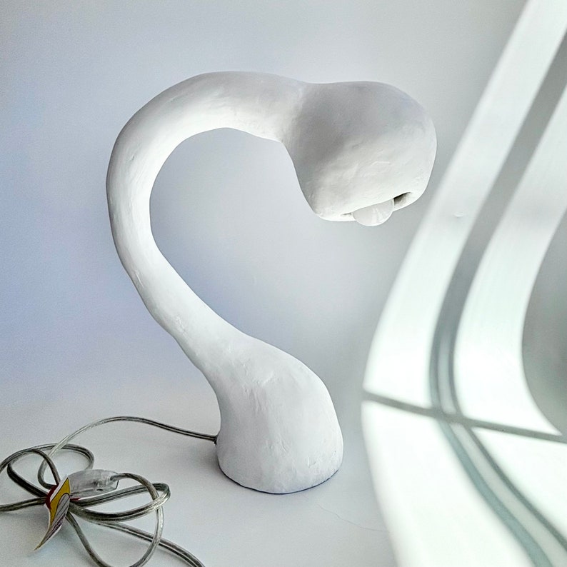 BIOMORPHIC Table Lamp, Large Accent Lighting, Textured Gooseneck Plaster and Paper Light, Handmade Globe Fixture, White Organic Modernism image 10