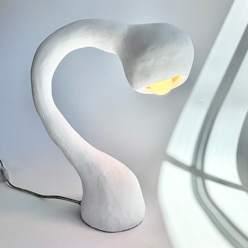 BIOMORPHIC Table Lamp, Large Accent Lighting, Textured Gooseneck Plaster and Paper Light, Handmade Globe Fixture, White Organic Modernism image 1