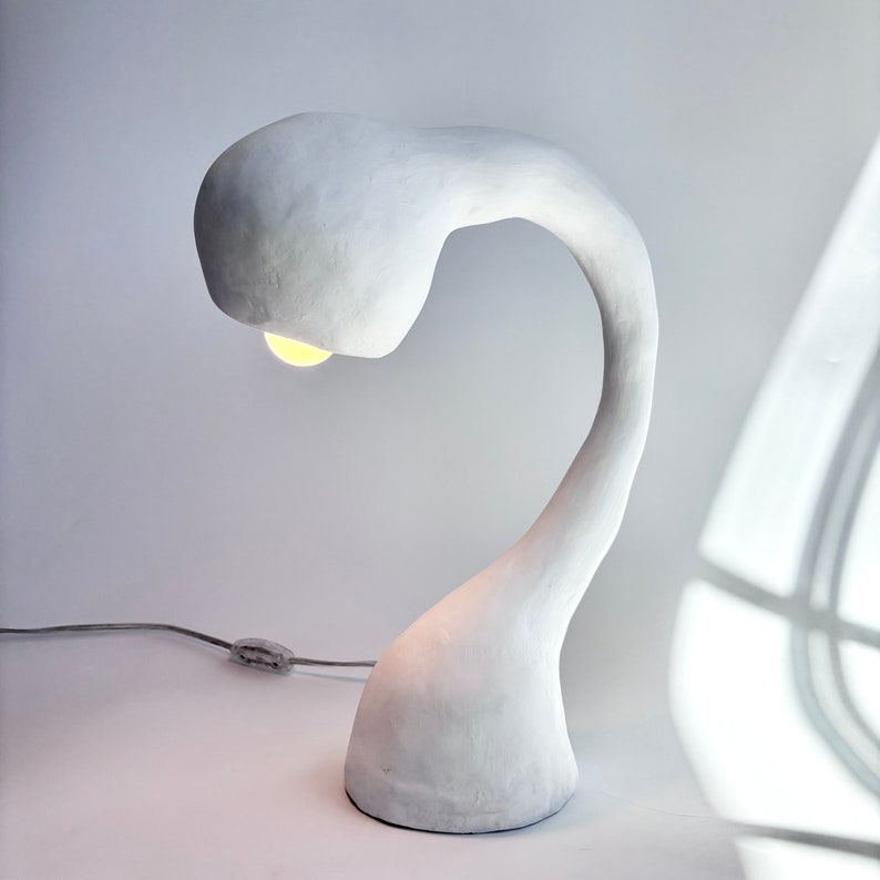 BIOMORPHIC Table Lamp, Large Accent Lighting, Textured Gooseneck Plaster and Paper Light, Handmade Globe Fixture, White Organic Modernism image 9