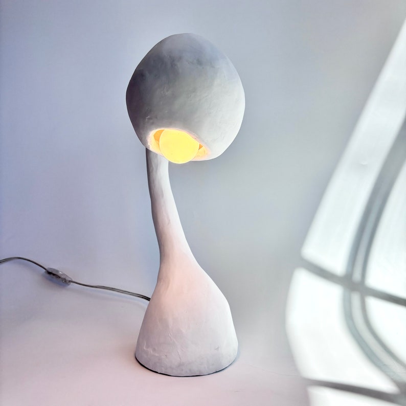 BIOMORPHIC Table Lamp, Large Accent Lighting, Textured Gooseneck Plaster and Paper Light, Handmade Globe Fixture, White Organic Modernism image 8