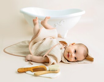 Baby Bath Set / All natural set / 4 pieces / Poncho, Comb, Brush, Bath Pouch