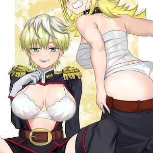 Pu&ograve; includere: Due personaggi anime, uno con i capelli biondi e un top con una benda bianca, l'altro con i capelli biondi corti che indossa un'uniforme militare nera e rossa con un reggiseno bianco e una cintura marrone. Lo sfondo &egrave; un motivo floreale giallo e bianco. Il testo "fanart" &egrave; nell'angolo in alto a destra e il testo "@koolaidbois" &egrave; nell'angolo in alto a sinistra.