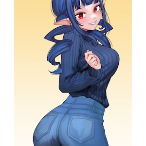 Pu&ograve; includere: Un personaggio con i capelli blu e gli occhi rossi che indossa un maglione blu e jeans blu. Il personaggio ha le orecchie a punta e guarda oltre la spalla. Lo sfondo &egrave; giallo chiaro.