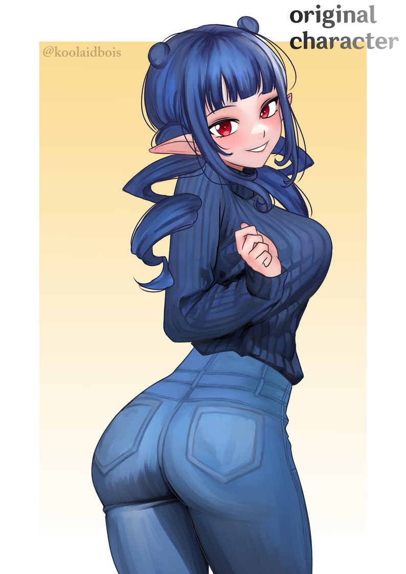 Pu&ograve; includere: Un personaggio con i capelli blu e gli occhi rossi che indossa un maglione blu e jeans blu. Il personaggio ha le orecchie a punta e guarda oltre la spalla. Lo sfondo &egrave; giallo chiaro.