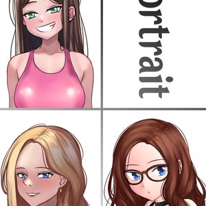 Pu&ograve; includere: Quattro illustrazioni digitali di donne con diversi stili di capelli e abbigliamento. L'immagine in alto a sinistra mostra una donna con capelli lunghi castani che indossa una canotta rosa. L'immagine in alto a destra mostra la parola "Ritratto". L'immagine in basso a sinistra mostra una donna con capelli lunghi biondi che indossa una collana d'oro. L'immagine in basso a destra mostra una donna con capelli lunghi castani che indossa occhiali e un choker nero.