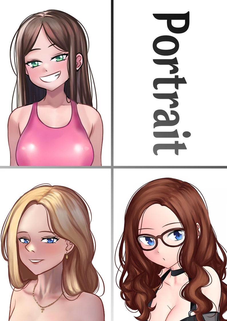 Pu&ograve; includere: Quattro illustrazioni digitali di donne con diversi stili di capelli e abbigliamento. L'immagine in alto a sinistra mostra una donna con capelli lunghi castani che indossa una canotta rosa. L'immagine in alto a destra mostra la parola "Ritratto". L'immagine in basso a sinistra mostra una donna con capelli lunghi biondi che indossa una collana d'oro. L'immagine in basso a destra mostra una donna con capelli lunghi castani che indossa occhiali e un choker nero.