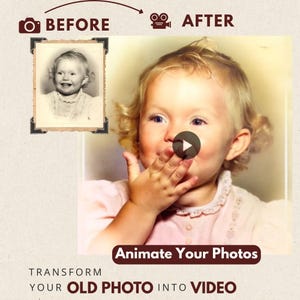 Pode incluir: Imagem mostrando uma comparação de antes e depois de uma foto vintage. A imagem do "antes" é uma foto em preto e branco em uma moldura. A imagem do "depois" é uma foto colorida de uma criança. O texto diz "Anime suas fotos" e "Transforme sua foto antiga em vídeo."