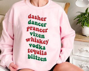 Dasher Dancer Prancer Vixen Whiskey Tequila Vodka Blitzen Svg, Funny Christmas SVG, Retro Christmas PNG, Holiday Sublimation, Svg, Png, Eps