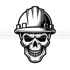 May include: Black and white illustration of a skull wearing a hard hat.