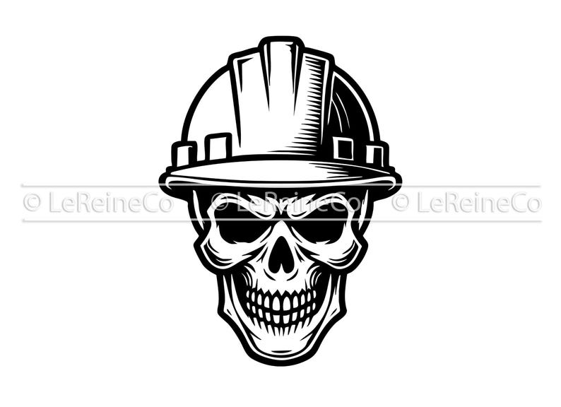 May include: Black and white illustration of a skull wearing a hard hat.