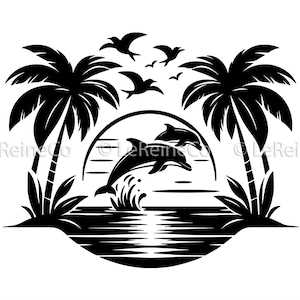 Delfin Palme Baum zwart, Tropische Insel Clipart, Strand-Sommer-Szene svg, Ozean-Sublimationsdesign, Urlaub Cricut-Datei, Tropical Beach Art
