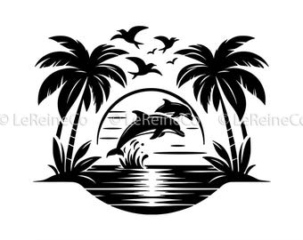 Dolphin Palm Tree Svg, Tropical Island Clipart, Beach Summer Scene Svg, Ocean Sublimation Design, Vacation Cricut File, Tropical Beach Art