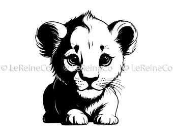 May include: Black and white illustration of a cute lion cub sitting with its paws tucked under its body. The cub has large, expressive eyes and a sweet expression.
