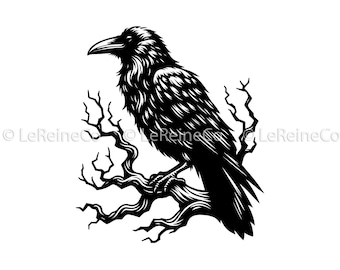 Raven on Tree Branch Vector Image, Raven Clipart Silhouette Vector, Bird Svg Png Eps Dxf