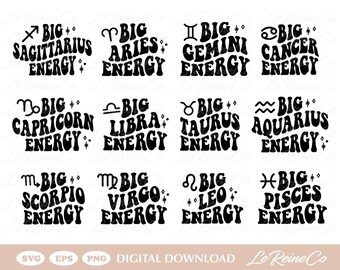 Zodiac BUNDLE, Big Energy Svg, Retro, Astrology Svg, Trendy Svg, Wavy, Cricut, Sublimation, Instant Download