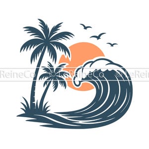 May include: A stylized illustration of a wave crashing over a palm tree with a setting sun behind it. The wave is blue and the sun is orange. There are three birds flying in the sky.