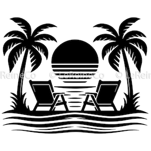 Zomer zonsondergang strand scène, Vector Clipart, palmbomen silhouet, tropisch eiland Svg Png Eps Dxf, Oceaan Scg, vakantie png