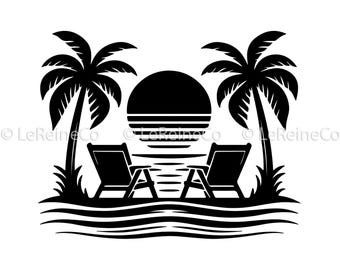 Summer Sunset Beach Scene, Vector Clipart, Palm Trees Silhouette, Tropical Island Svg Png Eps Dxf, Ocean Scg, Vacation Png