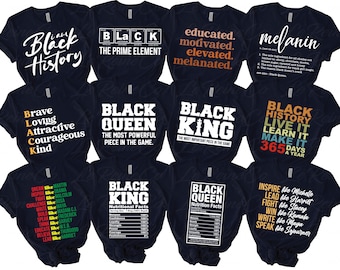 May include: A collection of navy blue t-shirts with various white and colored text designs. The shirts feature phrases like "Black History," "Black Queen," and "Educated, Motivated, Elevated, Melanated." Some shirts include graphic elements and lists.