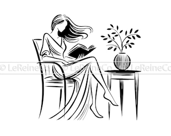 Vrouw leest boek Svg, meisje lezing Clipart, bibliothecaris Svg, boekenliefhebber sublimatie Png, lezing Shirt Svg, Cricut-bestand, boekenwurm kunst
