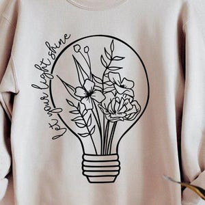 Let Your Light Shine Svg Png, bloemen gloeilamp ontwerp, inspirerende bijbelcitaat, christelijke sublimatie, Faith Shirt afbeelding voor Cricut