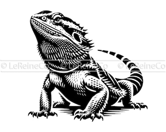Puede incluir: Ilustración en blanco y negro de un lagarto dragón barbudo con una espalda espinosa y una cola larga.