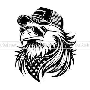 May include: Black and white illustration of an eagle wearing sunglasses and a baseball cap with a bandana. The eagle is looking to the left.