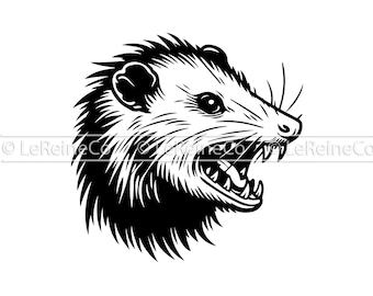 May include: Black and white illustration of a snarling opossum with its mouth open, showing its teeth. The opossum's fur is detailed and textured.