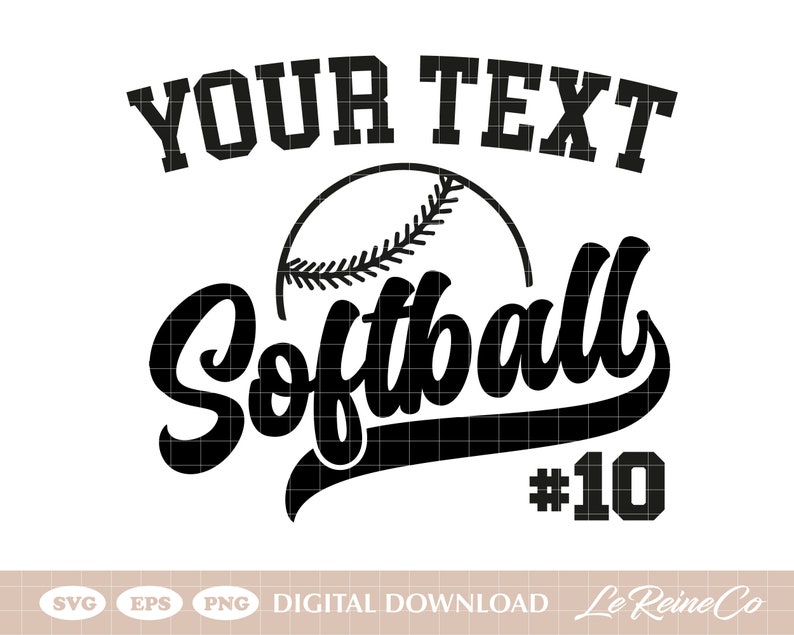 Pu&ograve; includere: Design di softball in bianco e nero con le parole "YOUR TEXT" sopra una grafica di softball e la parola "Softball" in un carattere corsivo. Il numero "10" &egrave; sotto la parola "Softball".