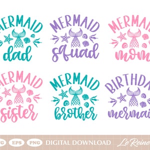 Ensemble anniversaire sirène famille Svg, 6 modèles, queue de sirène Svg, sirène fille Svg, sirène fête Svg Eps Png, Cricut, sublimation