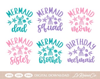 Mermaid Birthday Family Bundle Svg, 6 Designs, Mermaid Tail Svg, Mermaid Girl Svg, Mermaid Party Svg Eps Png, Cricut, Sublimation
