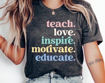 Enseñar, amar e inspirar (SVG), motivar y educar (PVG), agradecimiento a los maestros (SVG) en Cricut, frase positiva por sublimación, diseño de camiseta para maestros en tonos pastel