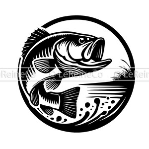 May include: A black and white illustration of a largemouth bass leaping out of the water, enclosed within a circular frame. The design features detailed lines and a stylized depiction of water and bubbles, suitable for fishing-themed products.