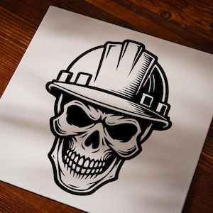 May include: Black and white illustration of a skull wearing a hard hat. The skull has a menacing expression with a toothy grin.