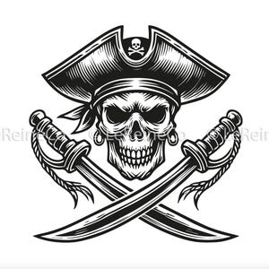 May include: A black and white illustration of a pirate skull wearing a tricorn hat with a skull and crossbones design. Two crossed swords are behind the skull.