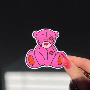 Sticker ours mignon | Autocollant en vinyle rose ours en peluche | Autocollant imperméable en vinyle | Sticker Kindle, sticker pour ordinateur portable, esthétique girly