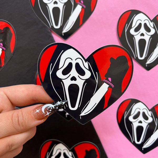 Scream Sticker, Ghostface Sticker | "Do You Like Scary Movies?" Red Heart Vinyl Sticker | Valentines Day, Horror Movie, Spooky, Halloween