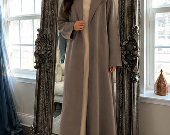 The Éloise Abaya | Romantic Taupe Open Abaya | French-Inspired Modest Duster | Timeless Neutral Outerwear