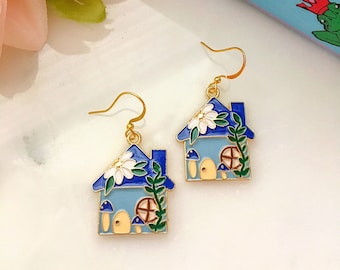 Blue Cottage Earrings, Storybook House Earrings, Fairy Tale Earrings, Coquette Jewelry, Chocolate Box House Earrings, Vintage Style