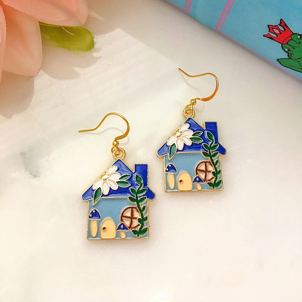 Blue Cottage Earrings, Storybook House Earrings, Fairy Tale Earrings, Coquette Jewelry, Chocolate Box House Earrings, Vintage Style