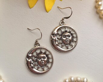Silver Sun & Moon Dangle Earrings, Celestial Fairycore Style, Whimsigoth Jewelry