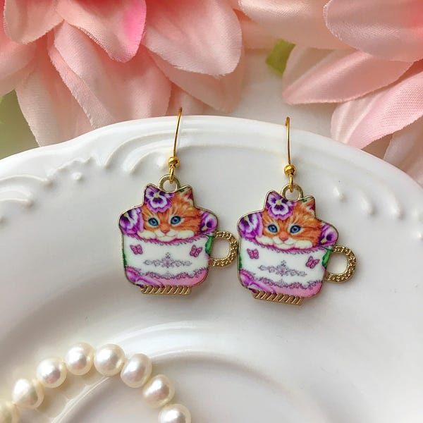 Orange Cat Teacup Earrings, Cat Mug Earrings, Cat Lovers Earrings, Cat Accessories, Coffee Cup Earrings, Cat Mom Gifts
